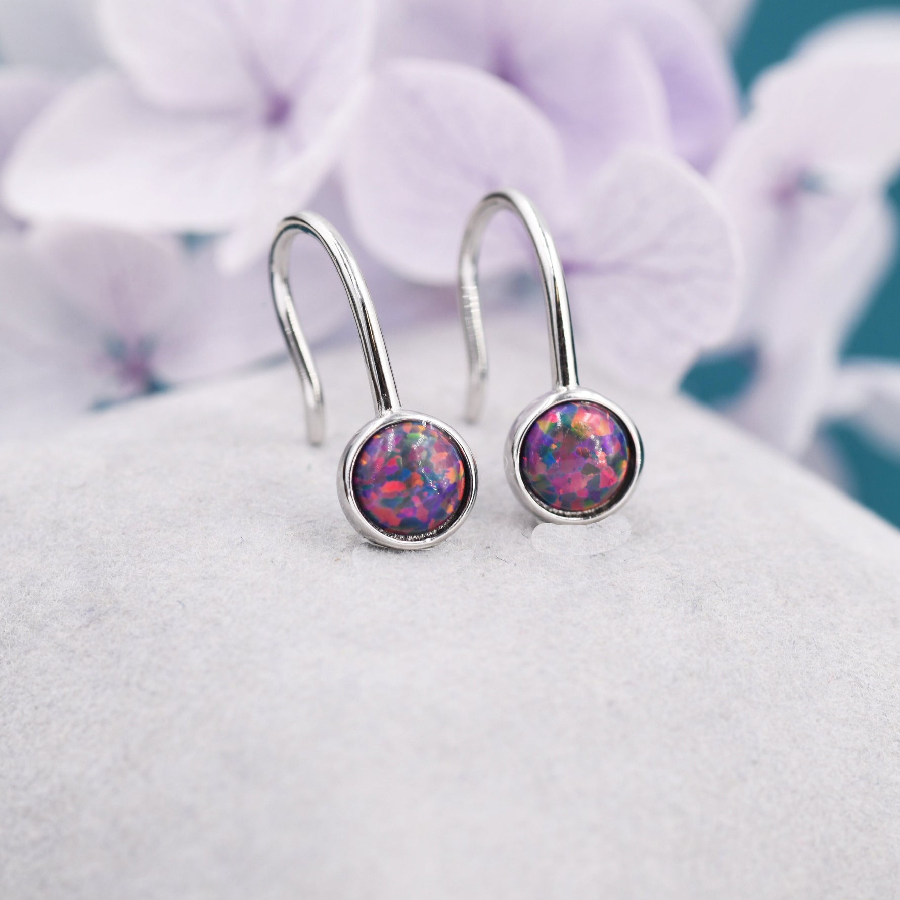Sterling Silver Purple Opal Drop Earrings in Sterling Silver, Round Purple Opal Hook Earrings, Delicate Opal Earrings, Lab Opal