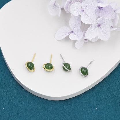 Genuine Jade Crystal Planet Stud Earrings in Sterling Silver, Green Jade Planet Halo Earrings, Jade Saturn Earrings