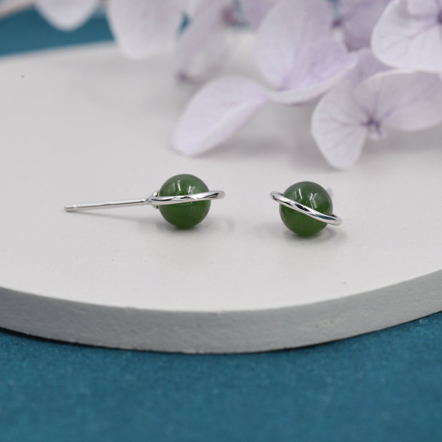 Genuine Jade Crystal Planet Stud Earrings in Sterling Silver, Green Jade Planet Halo Earrings, Jade Saturn Earrings