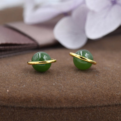 Genuine Jade Crystal Planet Stud Earrings in Sterling Silver, Green Jade Planet Halo Earrings, Jade Saturn Earrings