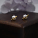 Mother of Pearl Planet Stud Earrings in Sterling Silver, Silver or Gold, Pearl Planet Halo Earrings, Pearl Saturn Earrings