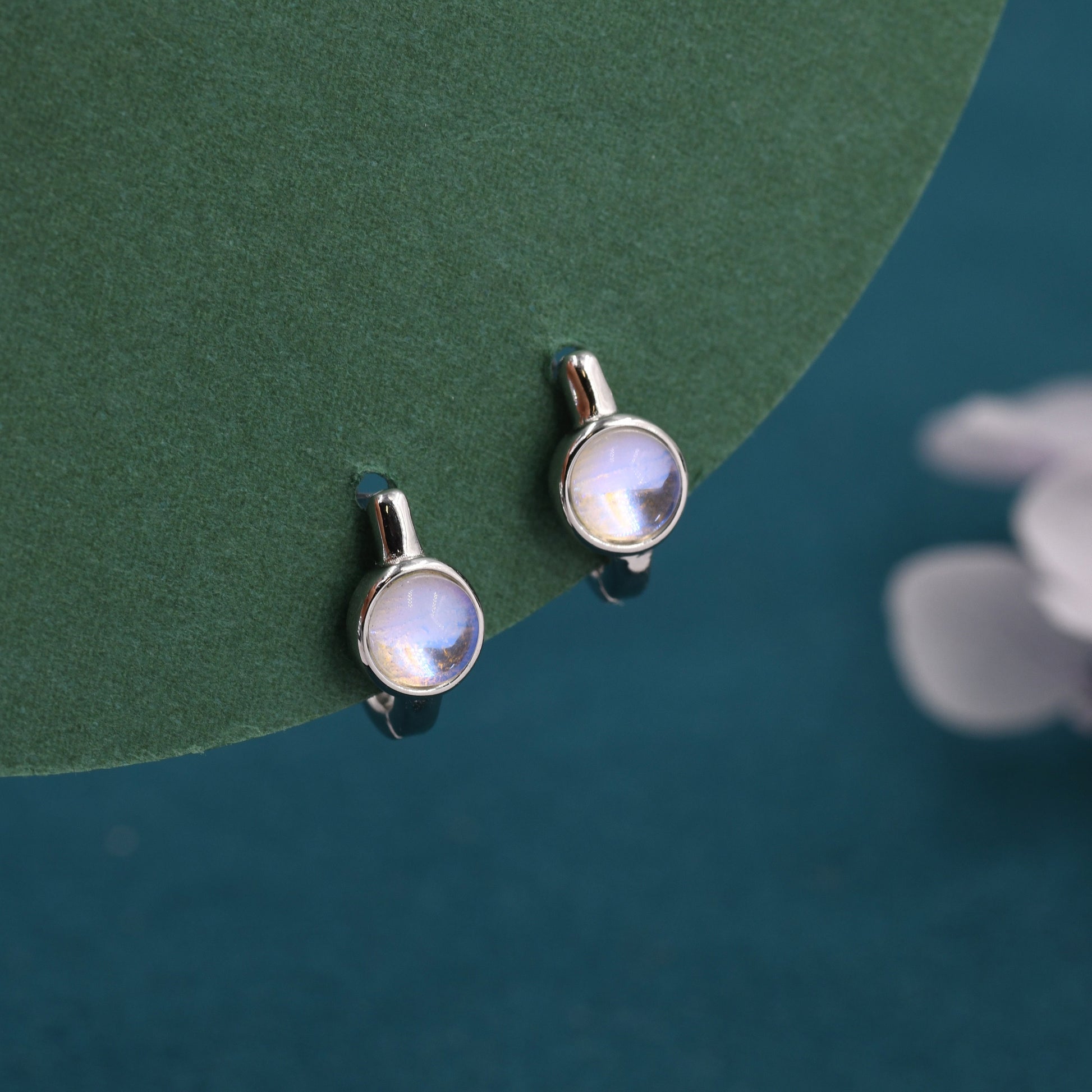Moonstone Huggie Hoop Earrings in Sterling Silver, 5mm Moonstone Hoops, Moonstone Hoops, Simulated Moonstone Hoops