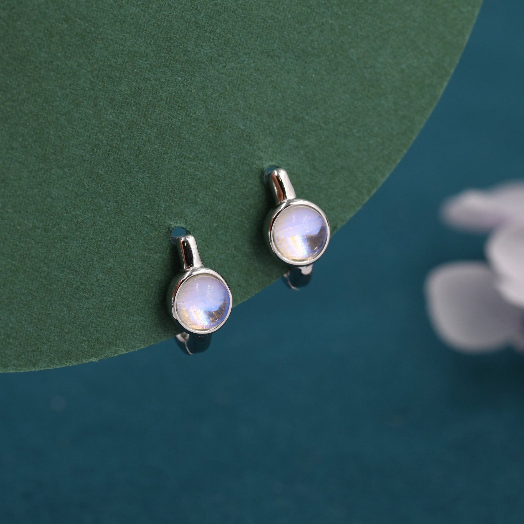 Moonstone Huggie Hoop Earrings in Sterling Silver, 5mm Moonstone Hoops, Moonstone Hoops, Simulated Moonstone Hoops