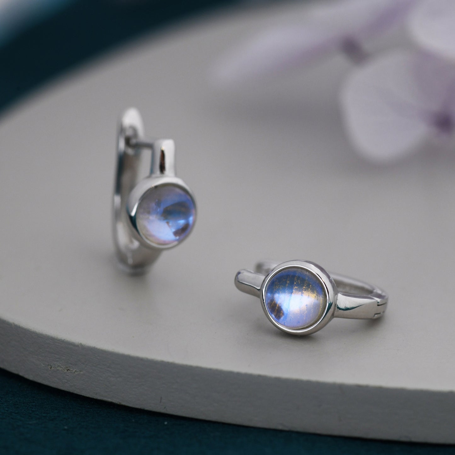 Moonstone Huggie Hoop Earrings in Sterling Silver, 5mm Moonstone Hoops, Moonstone Hoops, Simulated Moonstone Hoops