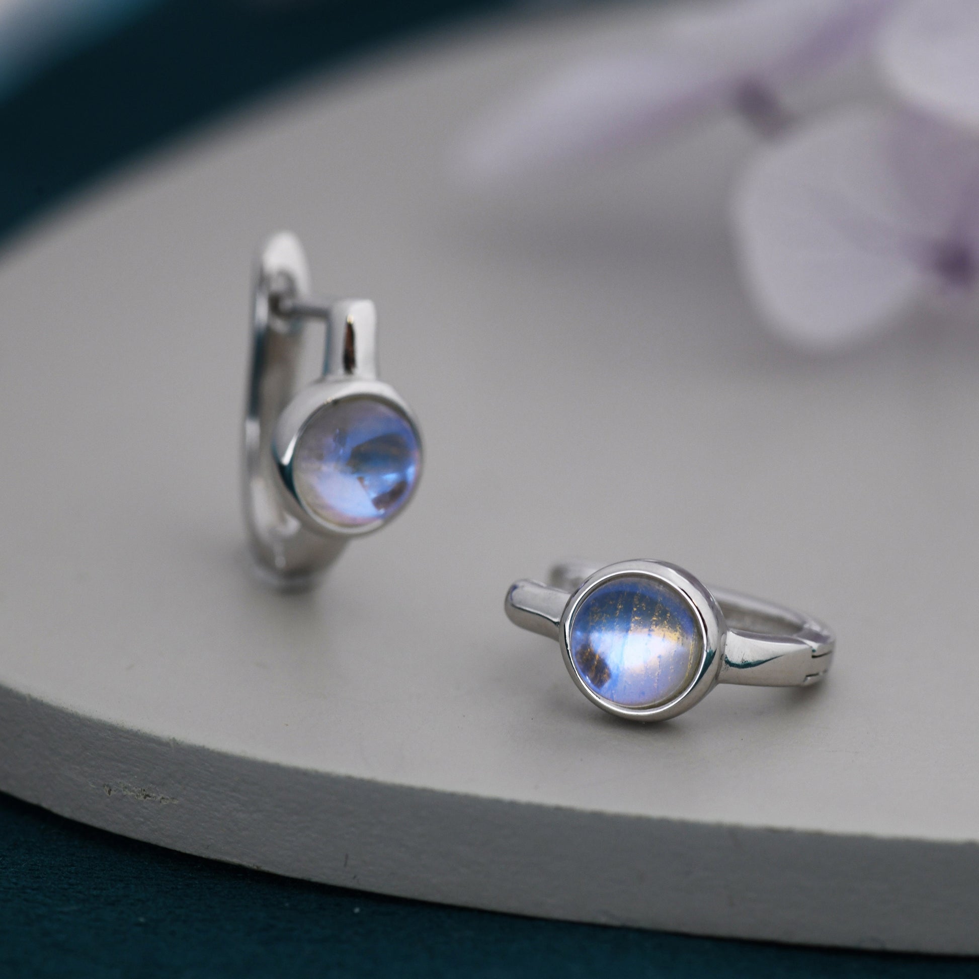 Moonstone Huggie Hoop Earrings in Sterling Silver, 5mm Moonstone Hoops, Moonstone Hoops, Simulated Moonstone Hoops