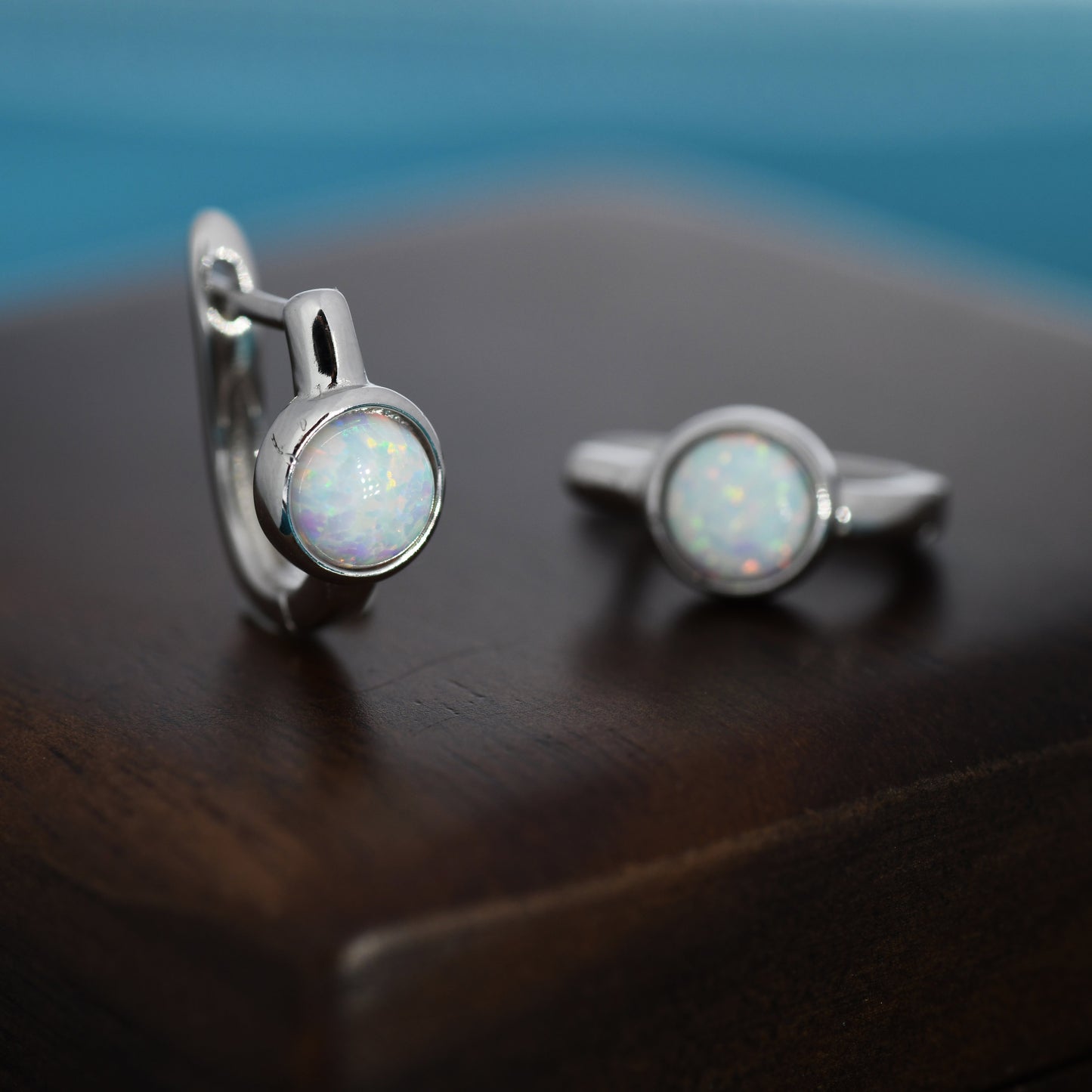 White Opal Huggie Hoop Earrings in Sterling Silver, Silver or Gold, 5mm Opal Lever Hoops, Opal Hoops, Simulated Opal Hoops, Fire Opal Hoops