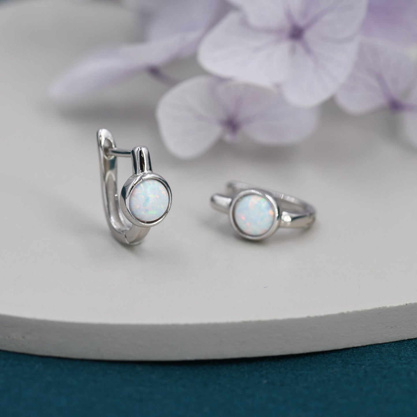 White Opal Huggie Hoop Earrings in Sterling Silver, Silver or Gold, 5mm Opal Lever Hoops, Opal Hoops, Simulated Opal Hoops, Fire Opal Hoops