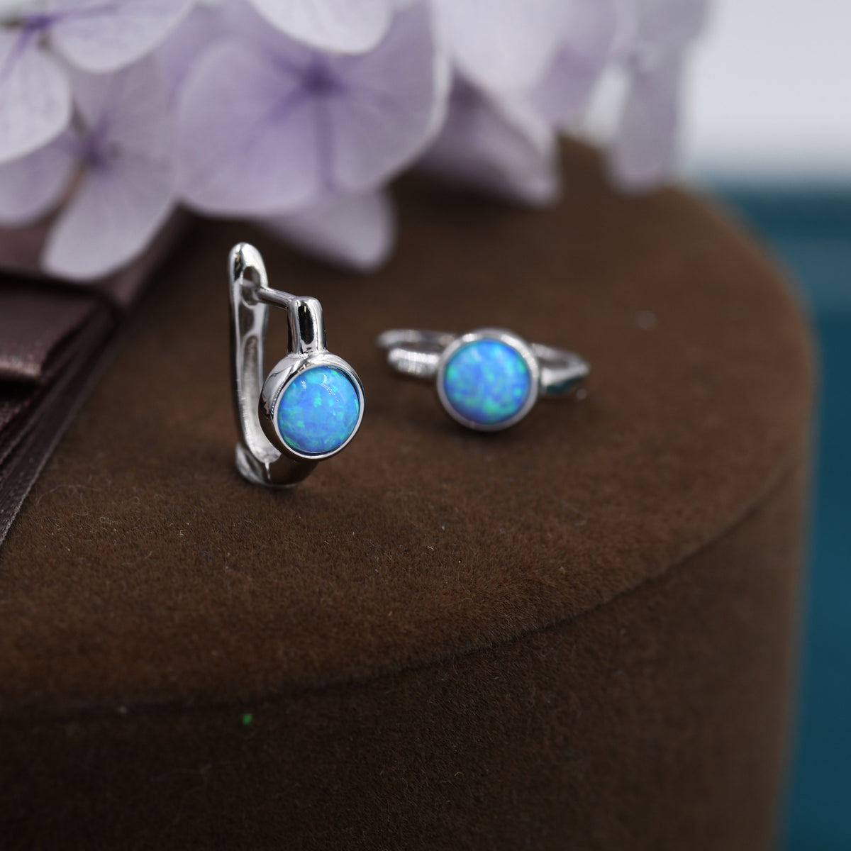 Blue Opal Huggie Hoop Earrings in Sterling Silver, Silver or Gold, 5mm Opal Lever Hoops, Opal Hoops, Simulated Opal Hoops, Fire Opal Hoops