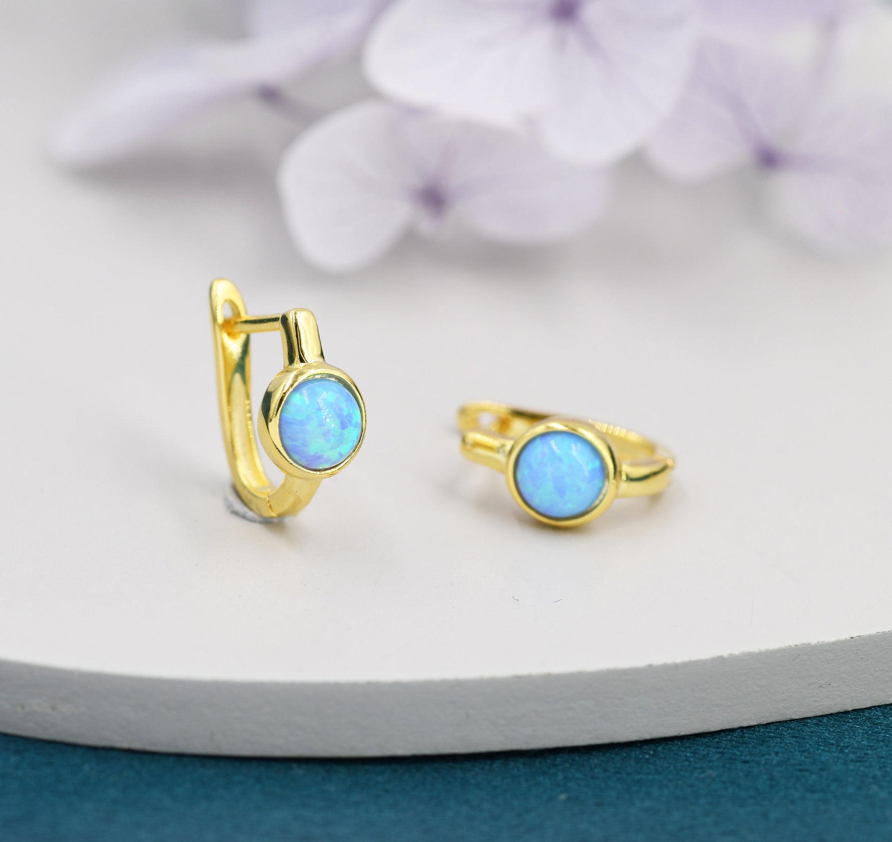 Blue Opal Huggie Hoop Earrings in Sterling Silver, Silver or Gold, 5mm Opal Lever Hoops, Opal Hoops, Simulated Opal Hoops, Fire Opal Hoops
