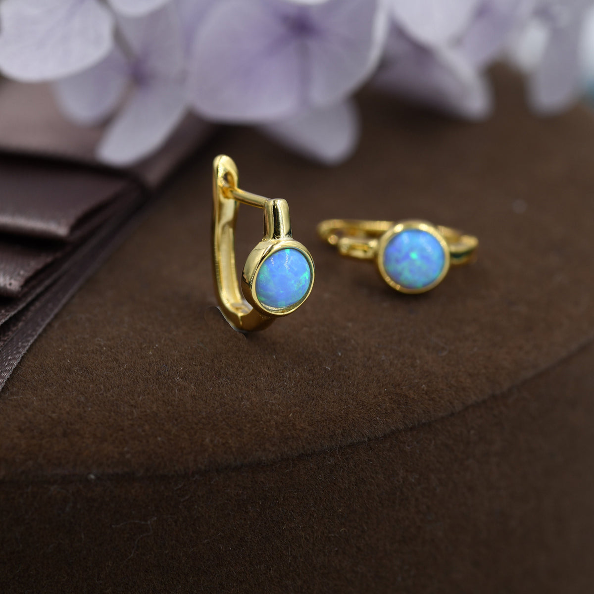 Blue Opal Huggie Hoop Earrings in Sterling Silver, Silver or Gold, 5mm Opal Lever Hoops, Opal Hoops, Simulated Opal Hoops, Fire Opal Hoops