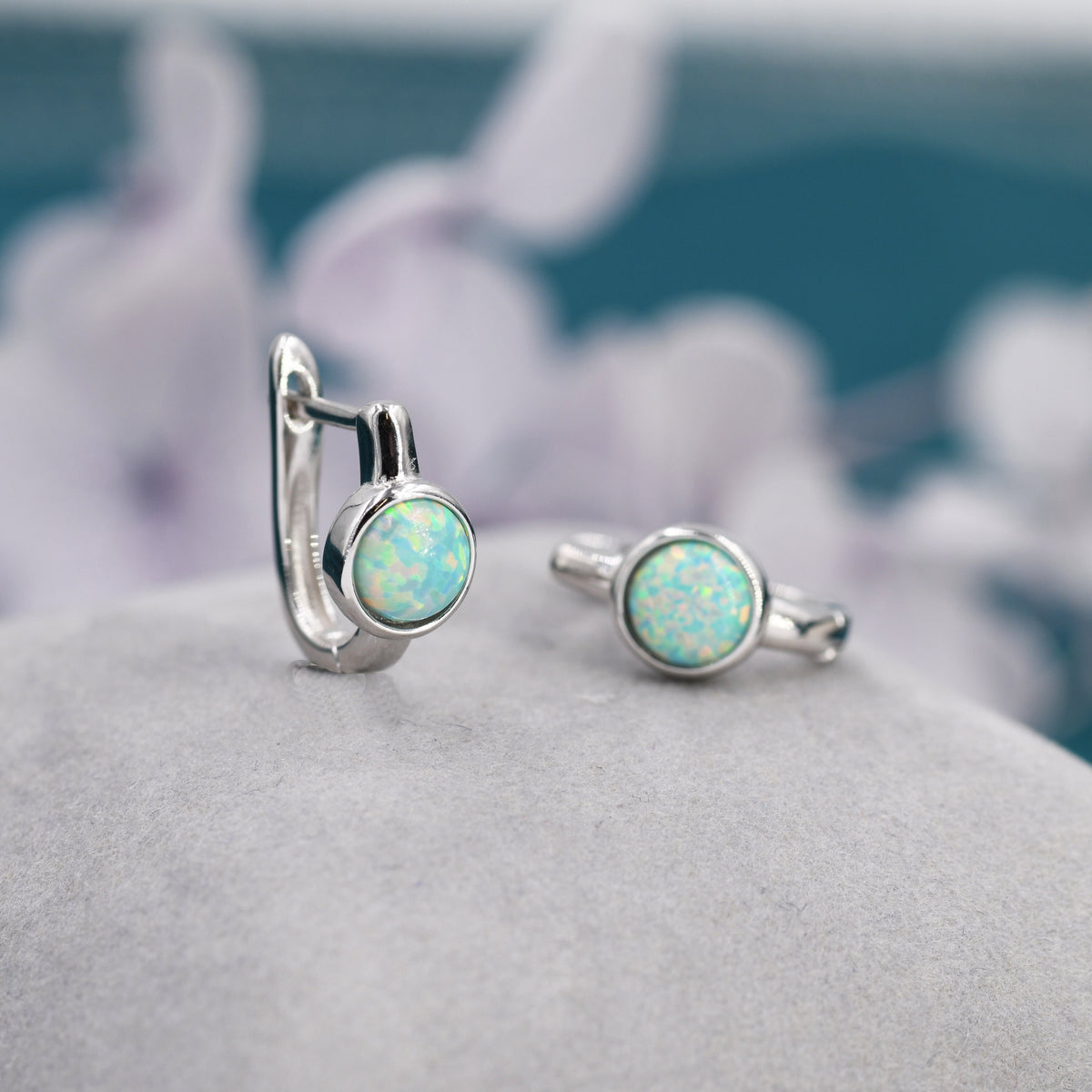 Green Opal Huggie Hoop Earrings in Sterling Silver, Silver or Gold, 5mm Opal Lever Hoops, Opal Hoops, Simulated Opal Hoops, Fire Opal Hoops