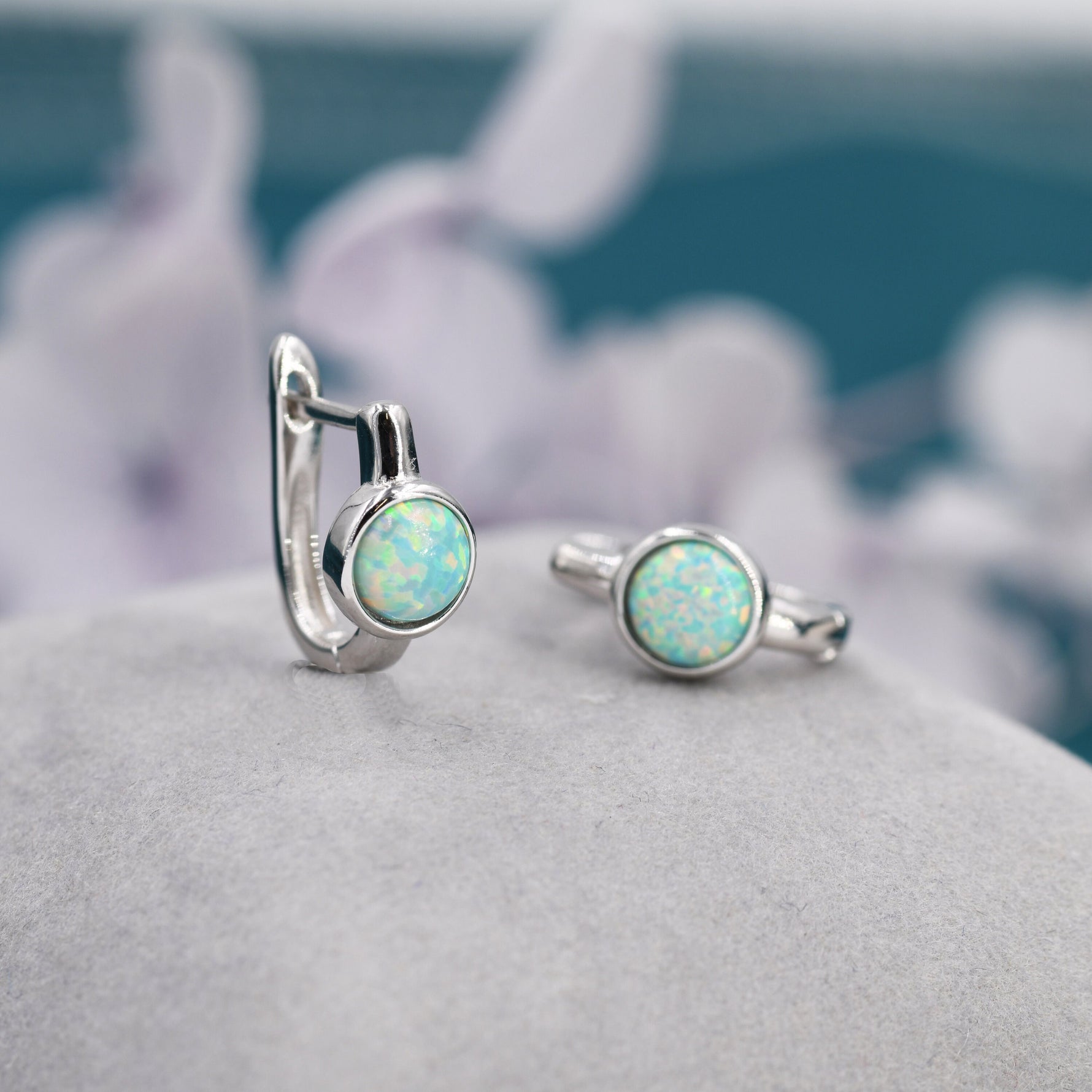 Green Opal Huggie Hoop Earrings in Sterling Silver, Silver or Gold, 5mm Opal Lever Hoops, Opal Hoops, Simulated Opal Hoops, Fire Opal Hoops