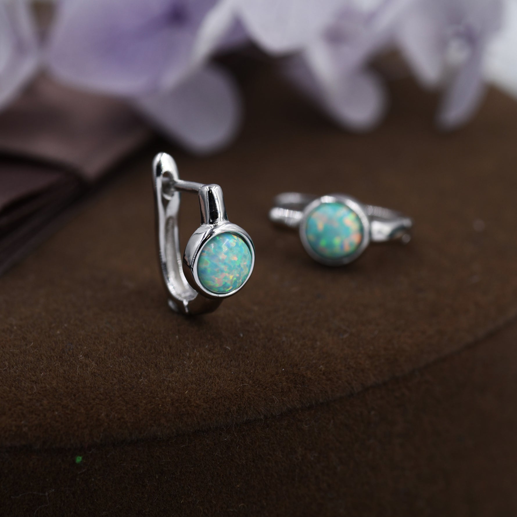 Green Opal Huggie Hoop Earrings in Sterling Silver, Silver or Gold, 5mm Opal Lever Hoops, Opal Hoops, Simulated Opal Hoops, Fire Opal Hoops