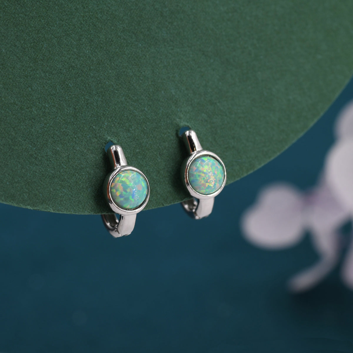 Green Opal Huggie Hoop Earrings in Sterling Silver, Silver or Gold, 5mm Opal Lever Hoops, Opal Hoops, Simulated Opal Hoops, Fire Opal Hoops