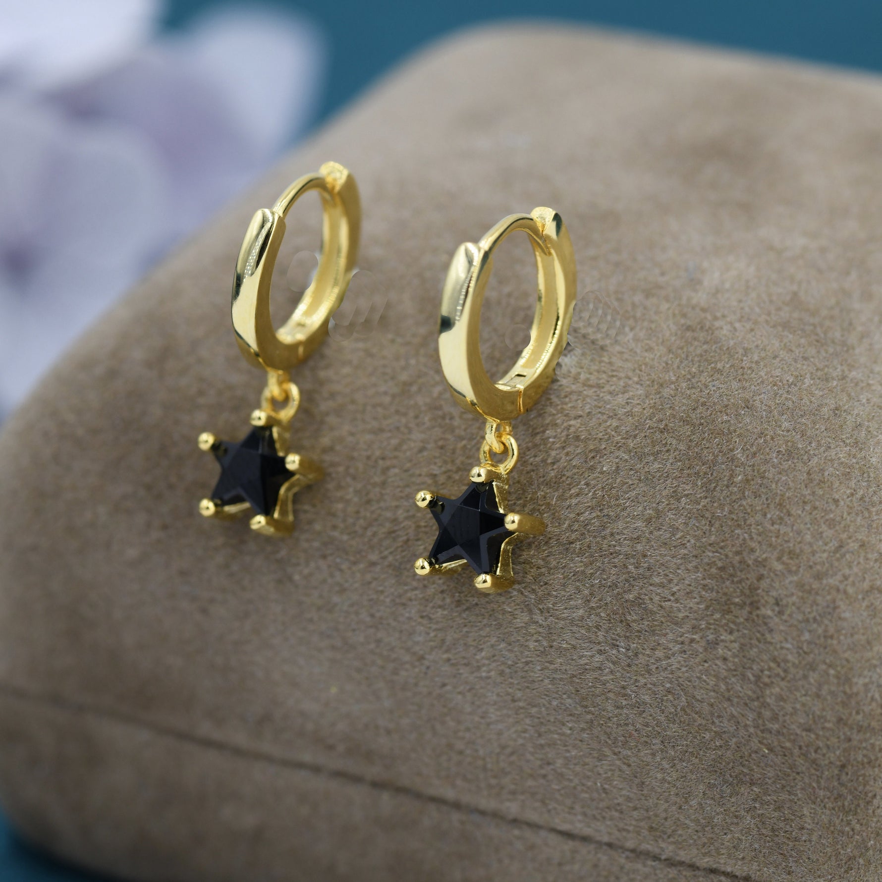 Black CZ Star Huggie Hoop Earrings in Sterling Silver, Silver or Gold, North Star Dangle Earrings, Sunburst Earrings, Celestial Jewellery