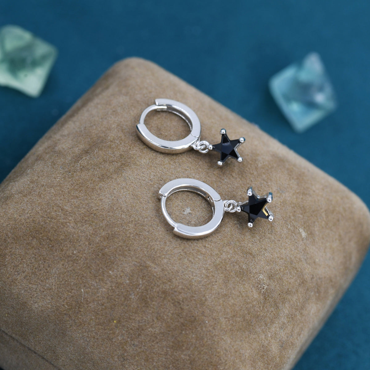 Black CZ Star Huggie Hoop Earrings in Sterling Silver, Silver or Gold, North Star Dangle Earrings, Sunburst Earrings, Celestial Jewellery