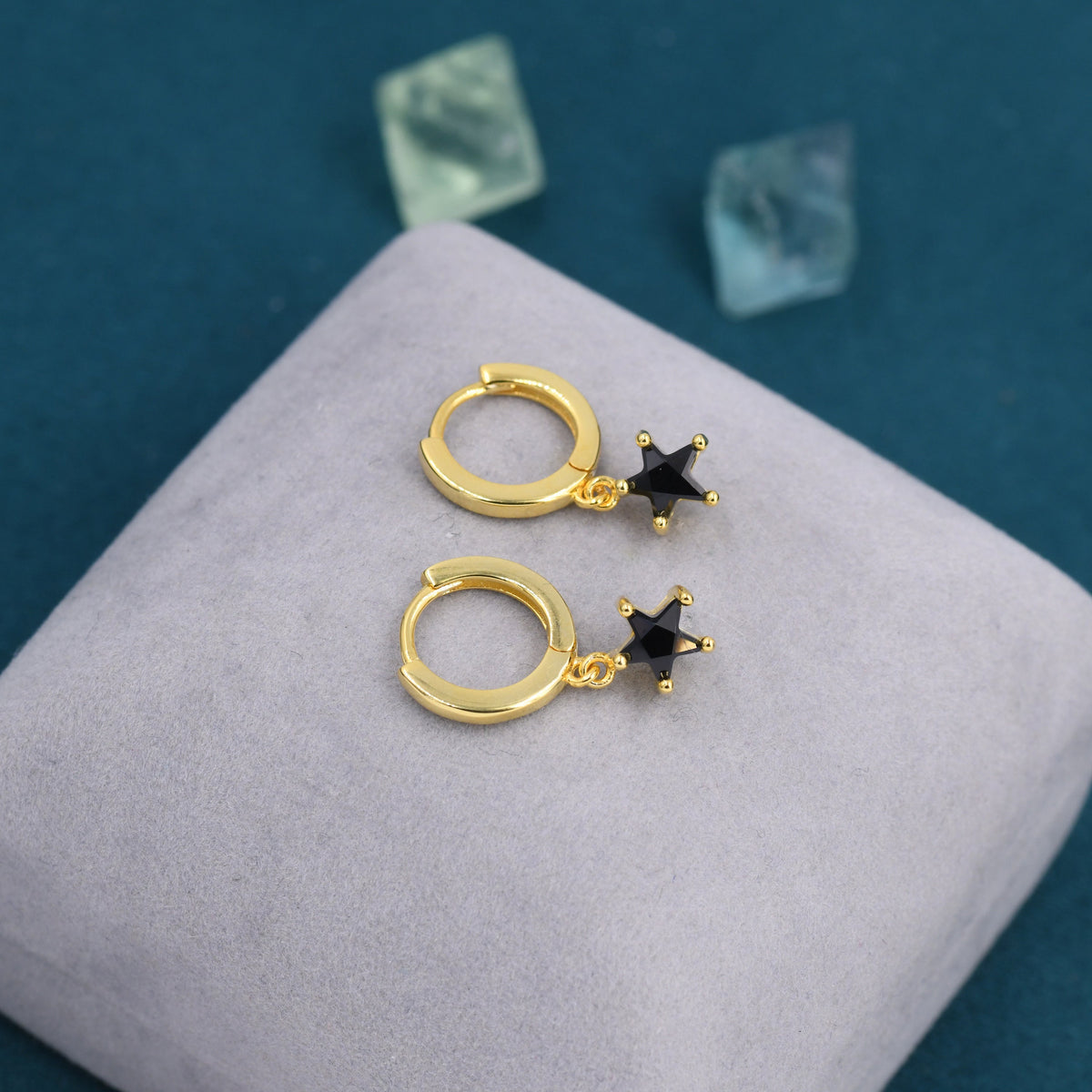 Black CZ Star Huggie Hoop Earrings in Sterling Silver, Silver or Gold, North Star Dangle Earrings, Sunburst Earrings, Celestial Jewellery