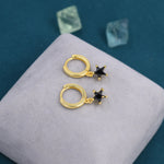 Black CZ Star Huggie Hoop Earrings in Sterling Silver, Silver or Gold, North Star Dangle Earrings, Sunburst Earrings, Celestial Jewellery