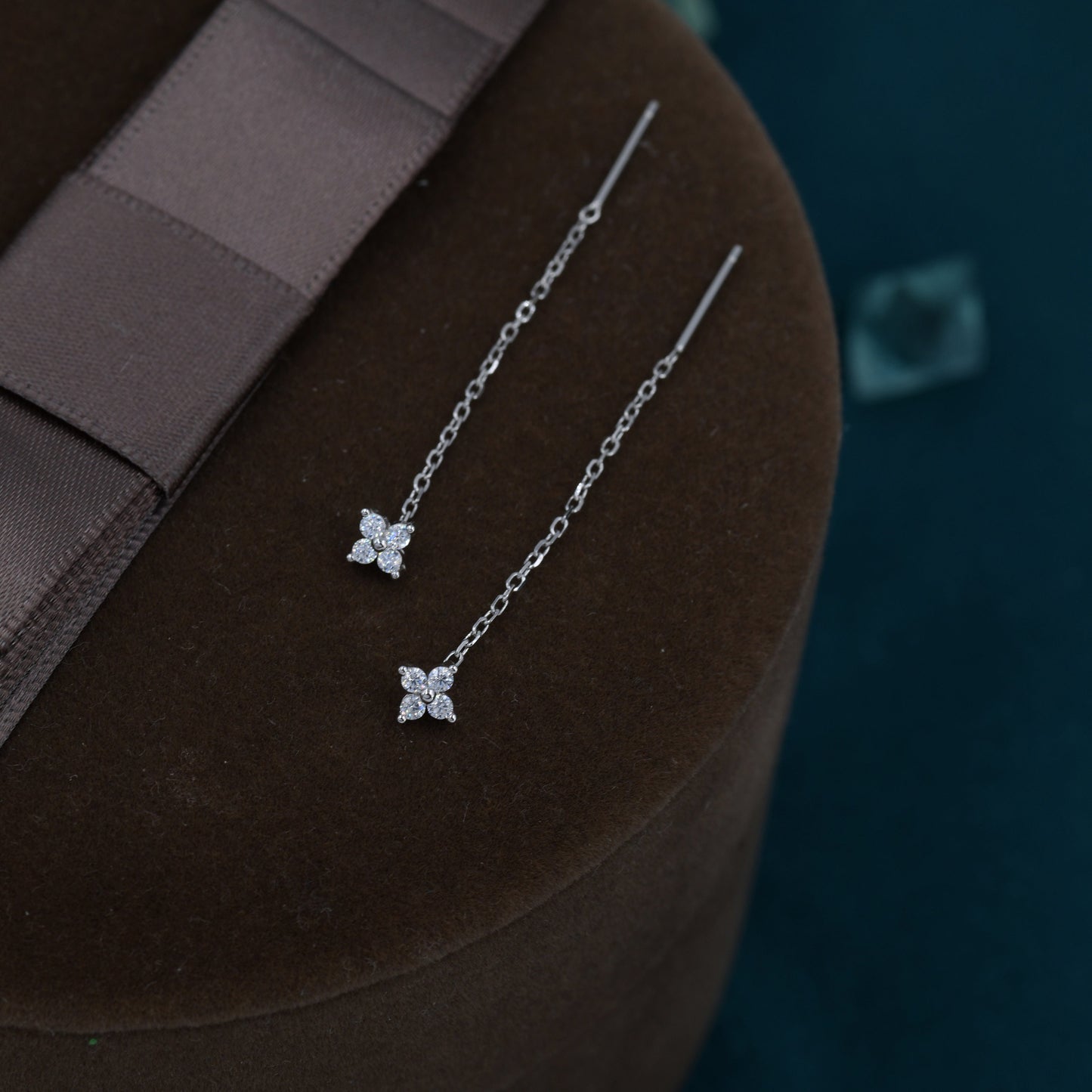 Hydrangea Flower CZ Threader Earrings in Sterling Silver, Silver or Gold, Four Dot Crystal Ear Threaders, Flower CZ Earrings