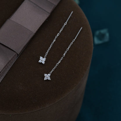 Hydrangea Flower CZ Threader Earrings in Sterling Silver, Silver or Gold, Four Dot Crystal Ear Threaders, Flower CZ Earrings