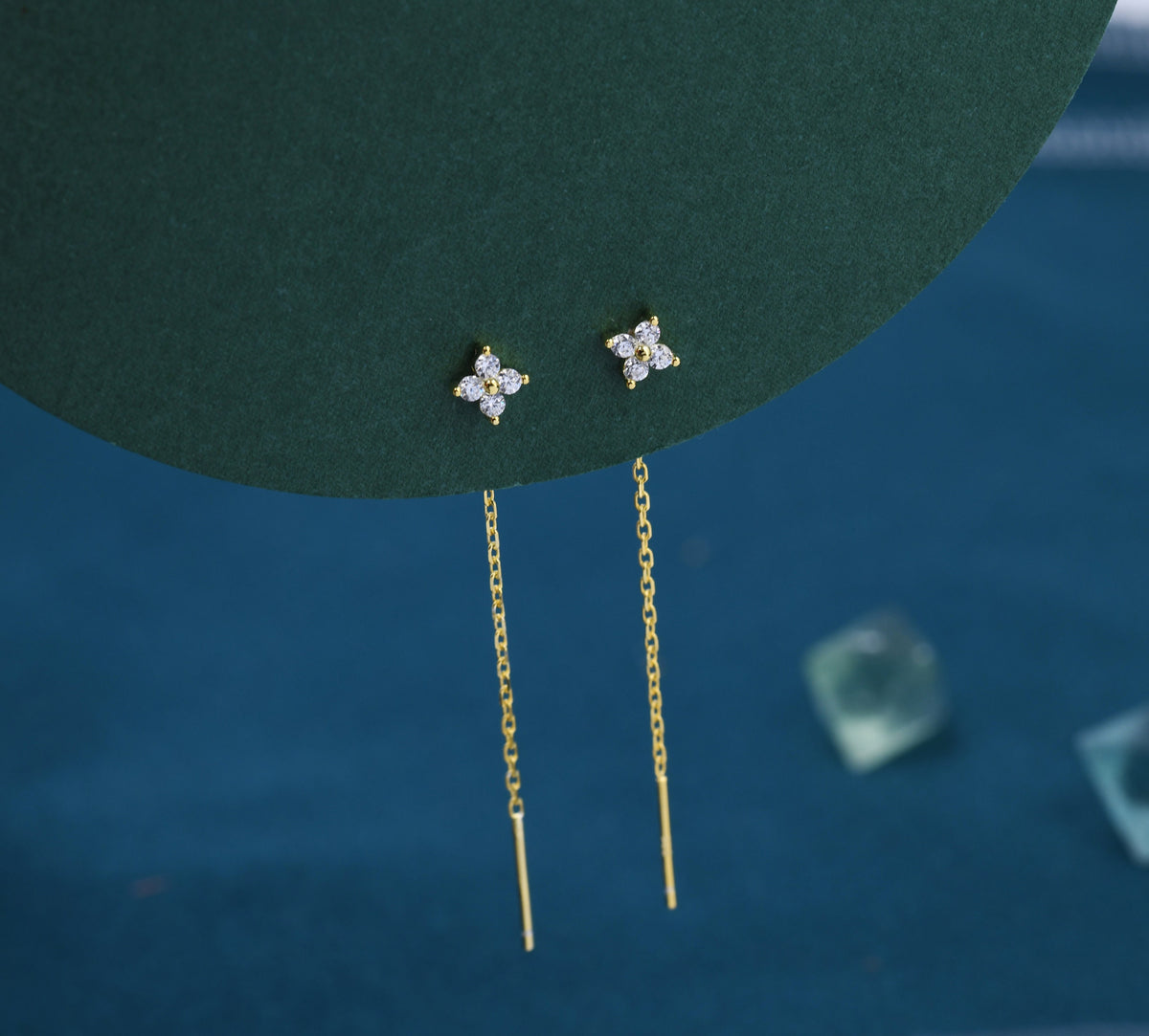 Hydrangea Flower CZ Threader Earrings in Sterling Silver, Silver or Gold, Four Dot Crystal Ear Threaders, Flower CZ Earrings