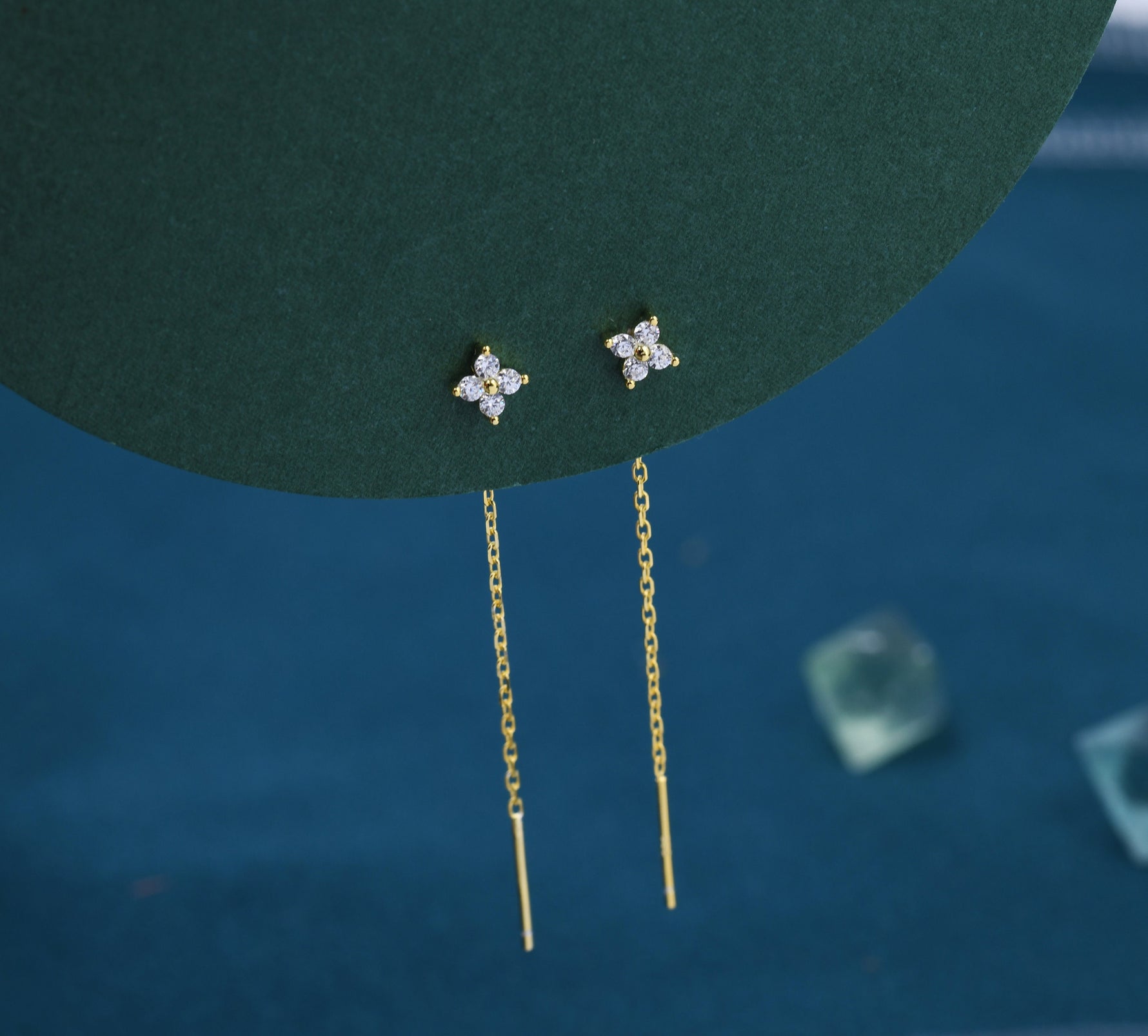 Hydrangea Flower CZ Threader Earrings in Sterling Silver, Silver or Gold, Four Dot Crystal Ear Threaders, Flower CZ Earrings