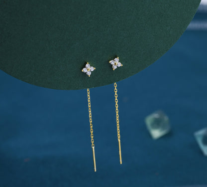 Hydrangea Flower CZ Threader Earrings in Sterling Silver, Silver or Gold, Four Dot Crystal Ear Threaders, Flower CZ Earrings