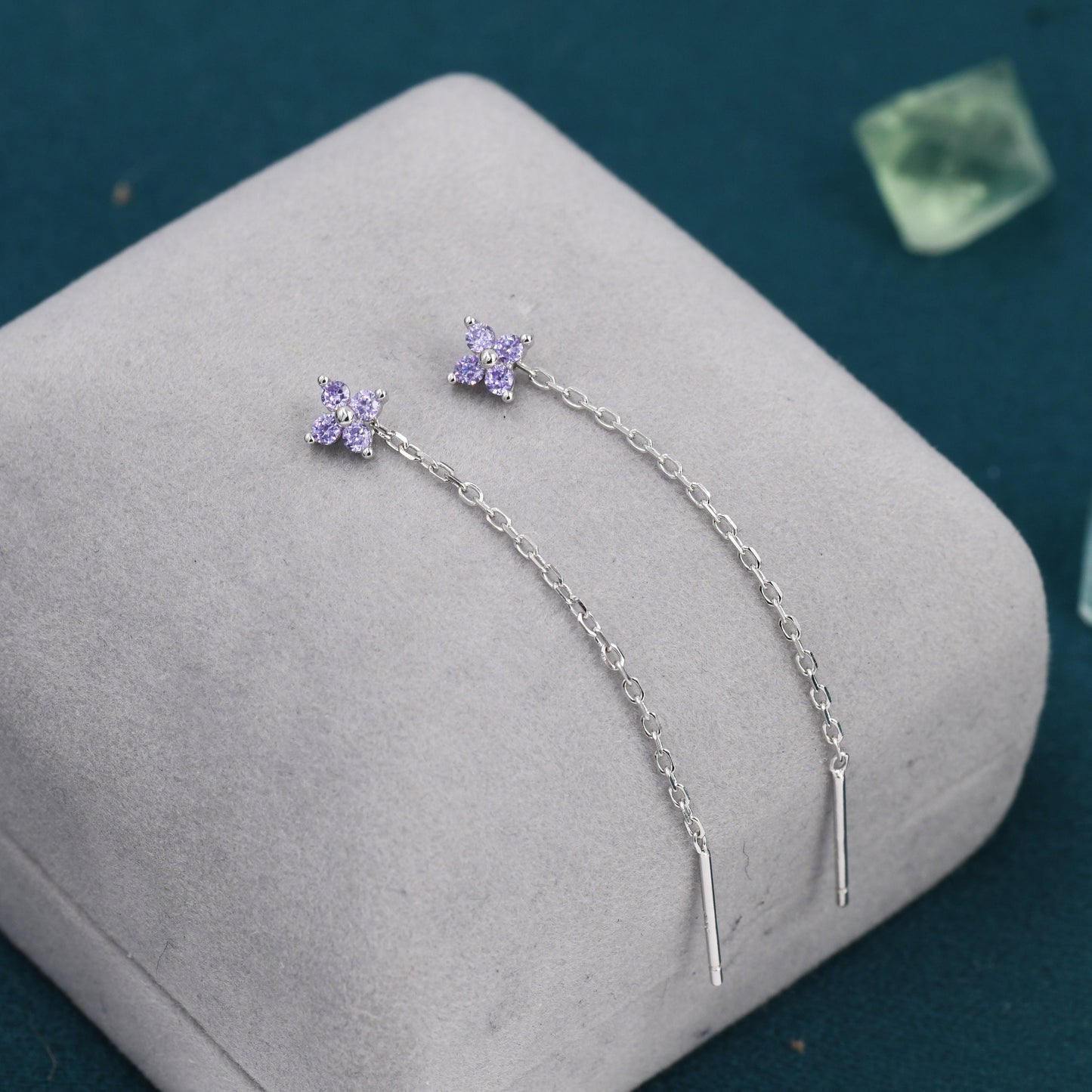 Purple Hydrangea Flower CZ Threader Earrings in Sterling Silver, Silver or Gold, Four Dot Crystal Ear Threaders, Flower CZ Earrings