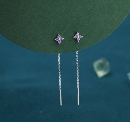 Purple Hydrangea Flower CZ Threader Earrings in Sterling Silver, Silver or Gold, Four Dot Crystal Ear Threaders, Flower CZ Earrings