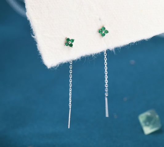 Emerald Green Hydrangea Flower CZ Threader Earrings in Sterling Silver, Silver or Gold, Four Dot Crystal Ear Threaders, Flower CZ Earrings