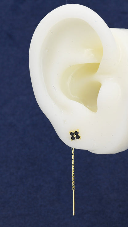 Black Hydrangea Flower CZ Threader Earrings in Sterling Silver, Silver or Gold, Four Dot Crystal Ear Threaders, Flower CZ Earrings