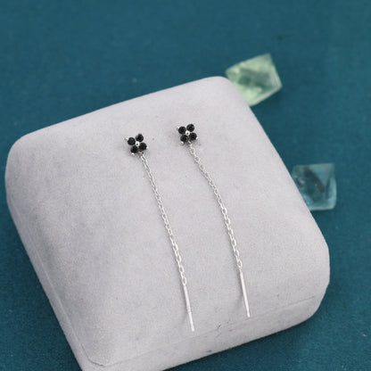 Black Hydrangea Flower CZ Threader Earrings in Sterling Silver, Silver or Gold, Four Dot Crystal Ear Threaders, Flower CZ Earrings