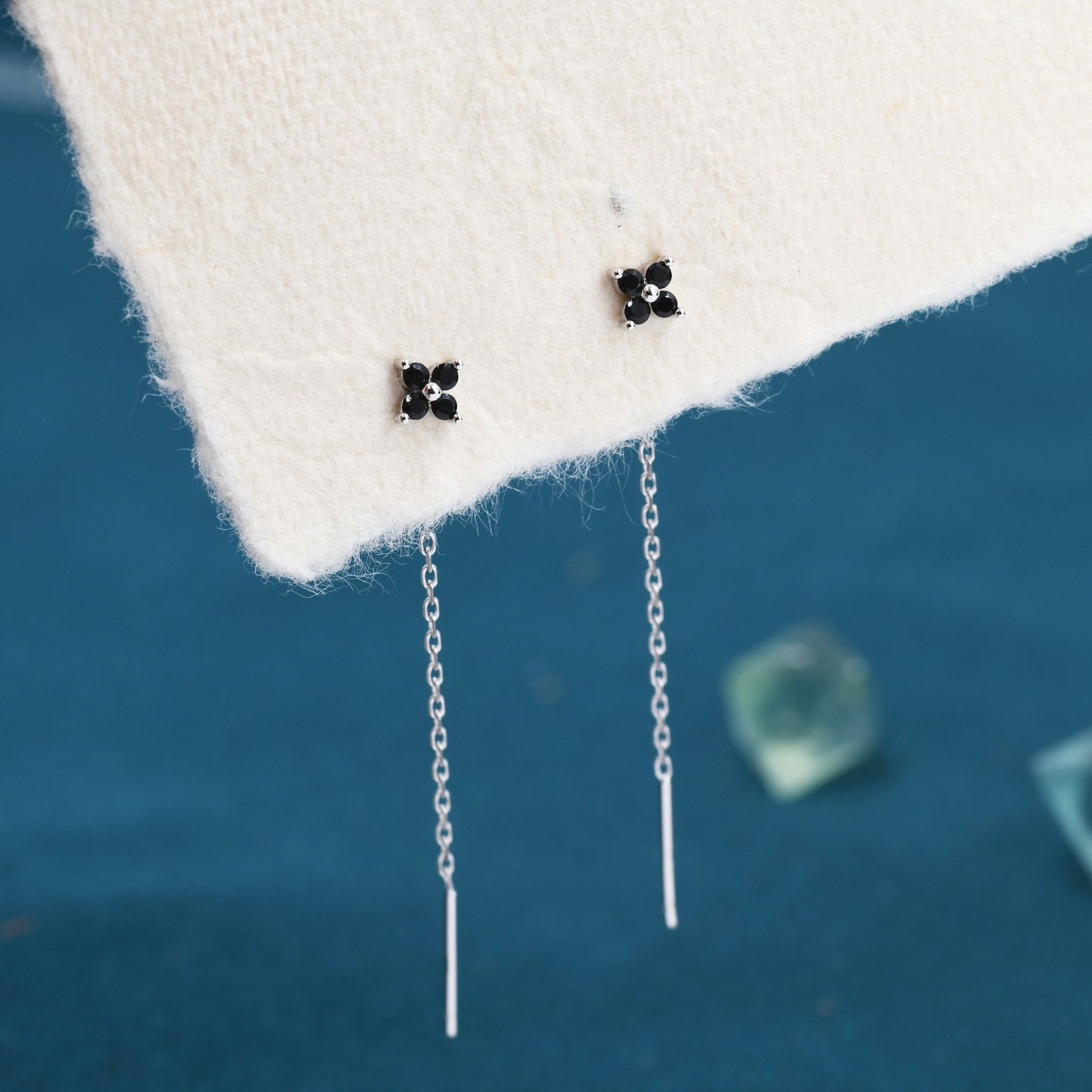 Black Hydrangea Flower CZ Threader Earrings in Sterling Silver, Silver or Gold, Four Dot Crystal Ear Threaders, Flower CZ Earrings