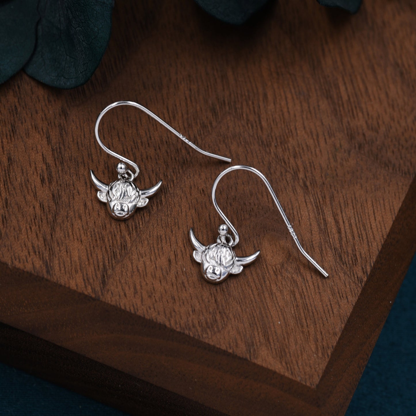 Dangling Highland Cow Drop Earrings in Sterling Silver, Silver or Gold or Rose Gold, Highland Cow Earrings, Cow Hook Earrings, Scottish