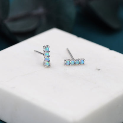 Blue Opal Bar Stud Earrings in Sterling Silver, Silver or Gold, Opal Bar Earrings, Tiny Opal Earrings, Dainty Opal Cluster Earrings