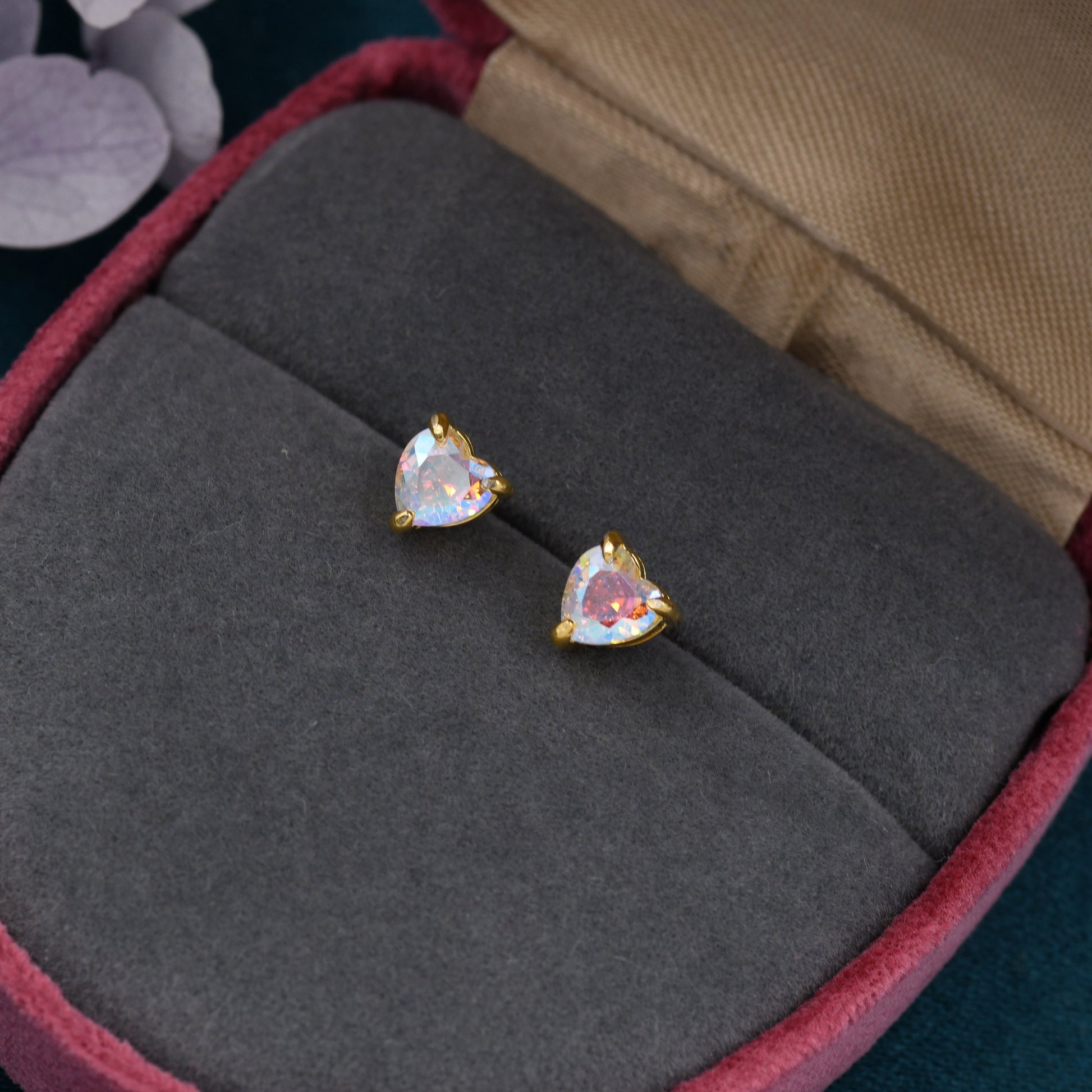 Aurora Borealis Heart Stud Earrings in Sterling Silver, Available in Three Sizes, AB CZ Heart Earrings, Aurora Colour Changing Heart Earring