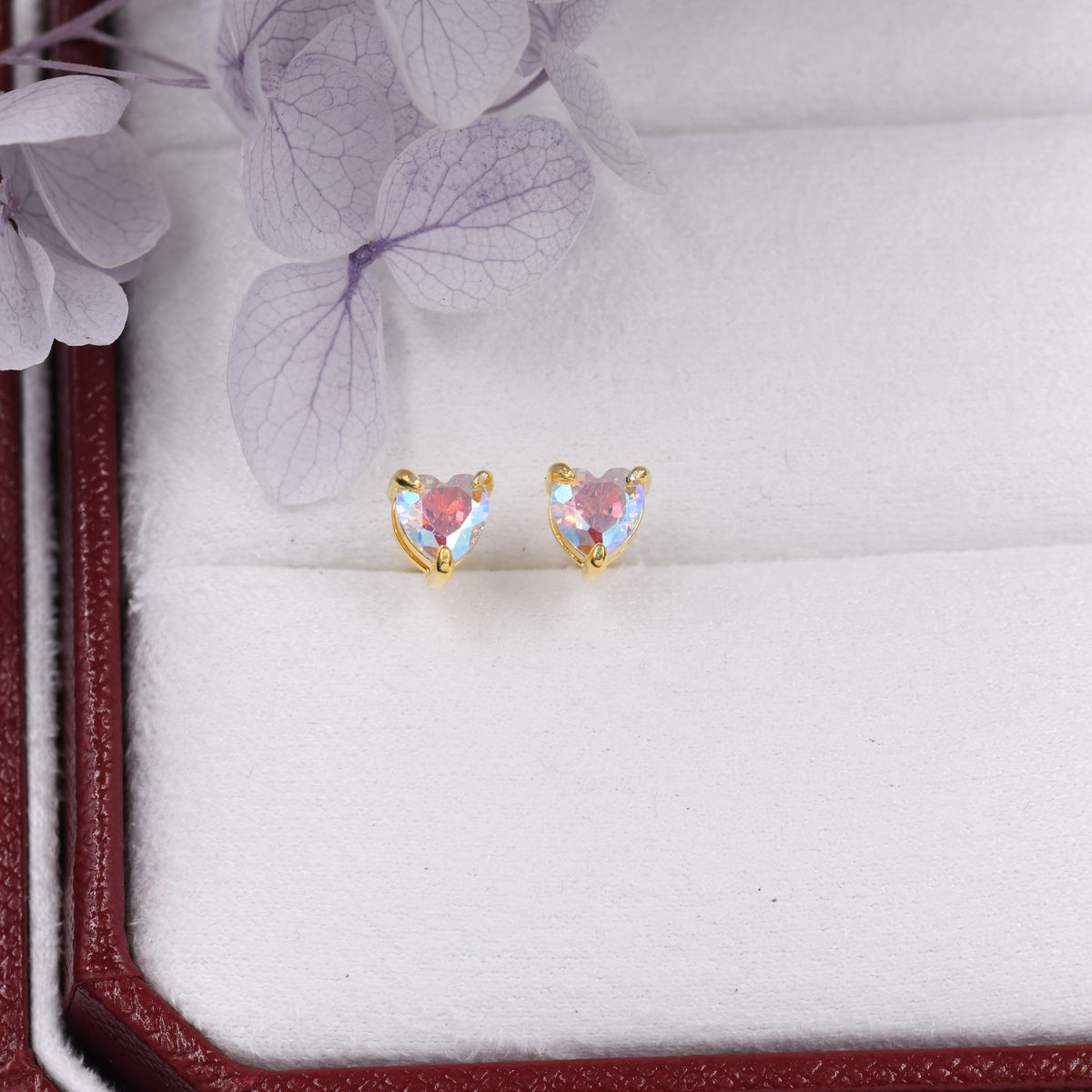 Aurora Borealis Heart Stud Earrings in Sterling Silver, Available in Three Sizes, AB CZ Heart Earrings, Aurora Colour Changing Heart Earring