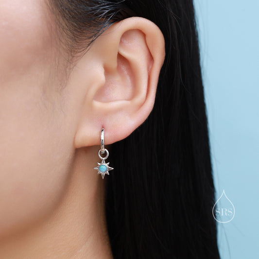 Opal Starburst Huggie Hoop Earrings in Sterling Silver, Blue Opal North Star Detachable Drop Earrings, Delicate Blue Opal Star Earrings