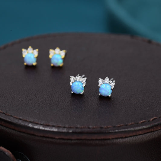 Tiny Blue Opal with CZ Stud Earrings in Sterling Silver, Silver or Gold, Vintage Inspired Design, Opal Crown Earrings Crown Stud