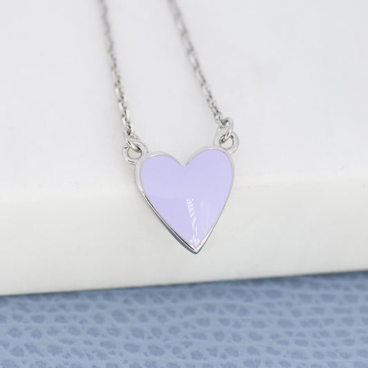 Lilac Purple Heart Pendant Necklace in Sterling Silver, Enamel Heart Necklace, Dainty and Tiny