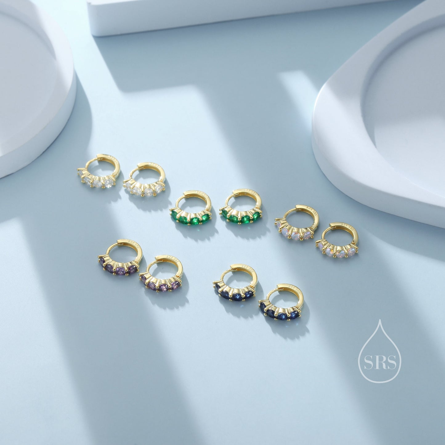 CZ Huggie Hoop Earrings in Sterling Silver, 8mm Hoops, Silver or Gold, 4mm Geometric Hoop Earrings, Green, Blue, Purple, Rainbow or Clear CZ