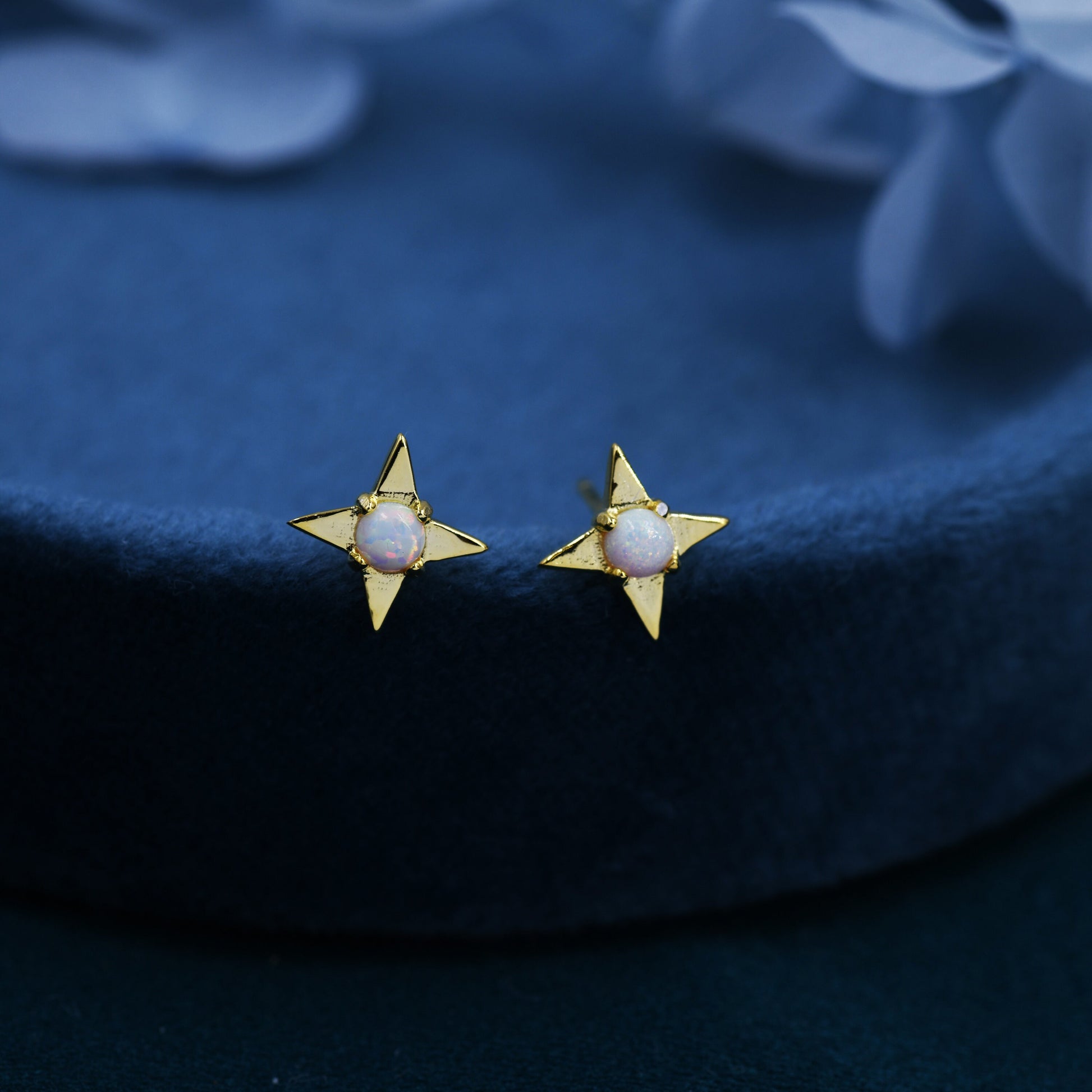 White Opal Star Stud Earrings in Sterling Silver, Silver or Gold, Four Point Star Opal Earrings, Stacking Earrings