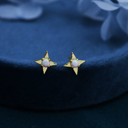 White Opal Star Stud Earrings in Sterling Silver, Silver or Gold, Four Point Star Opal Earrings, Stacking Earrings