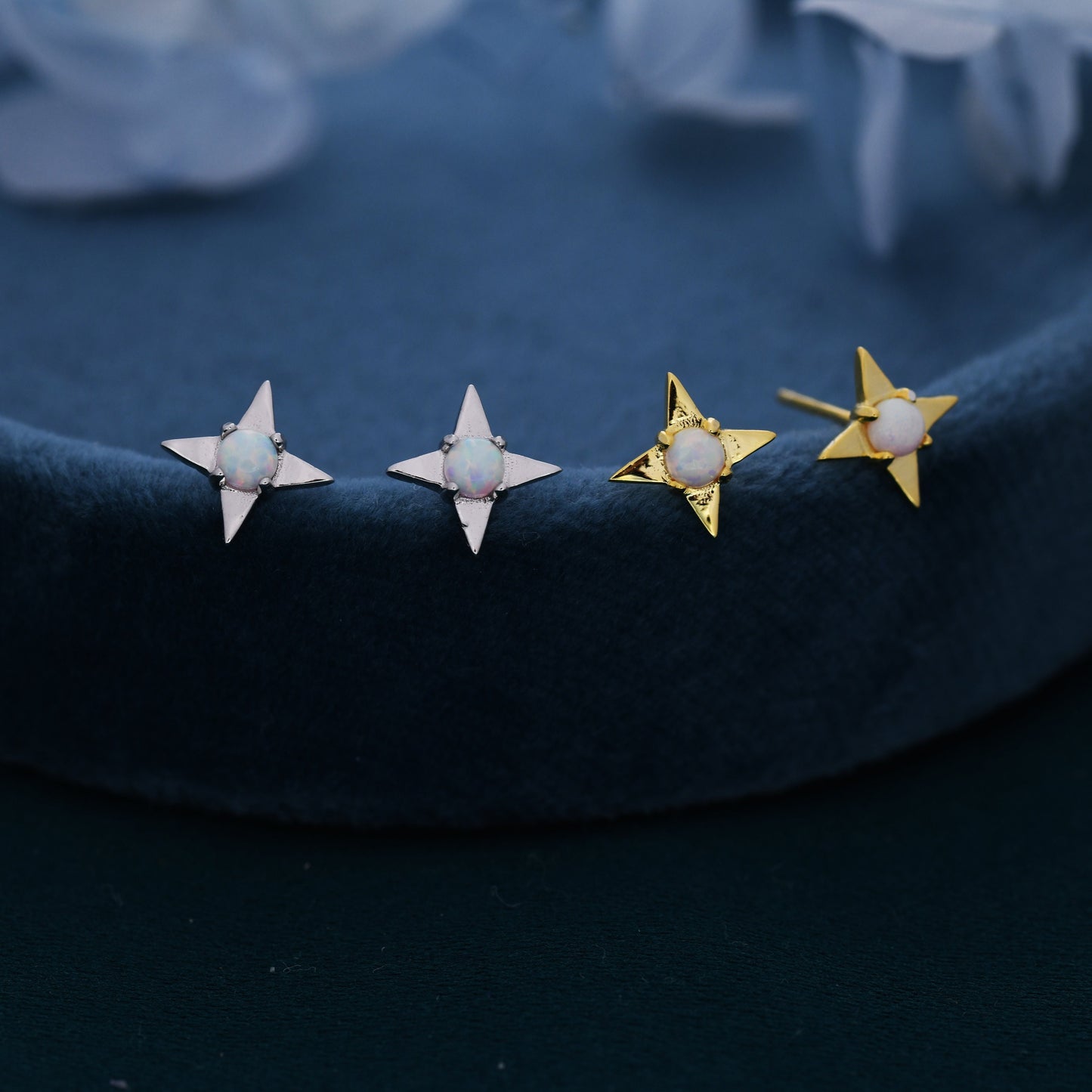 White Opal Star Stud Earrings in Sterling Silver, Silver or Gold, Four Point Star Opal Earrings, Stacking Earrings