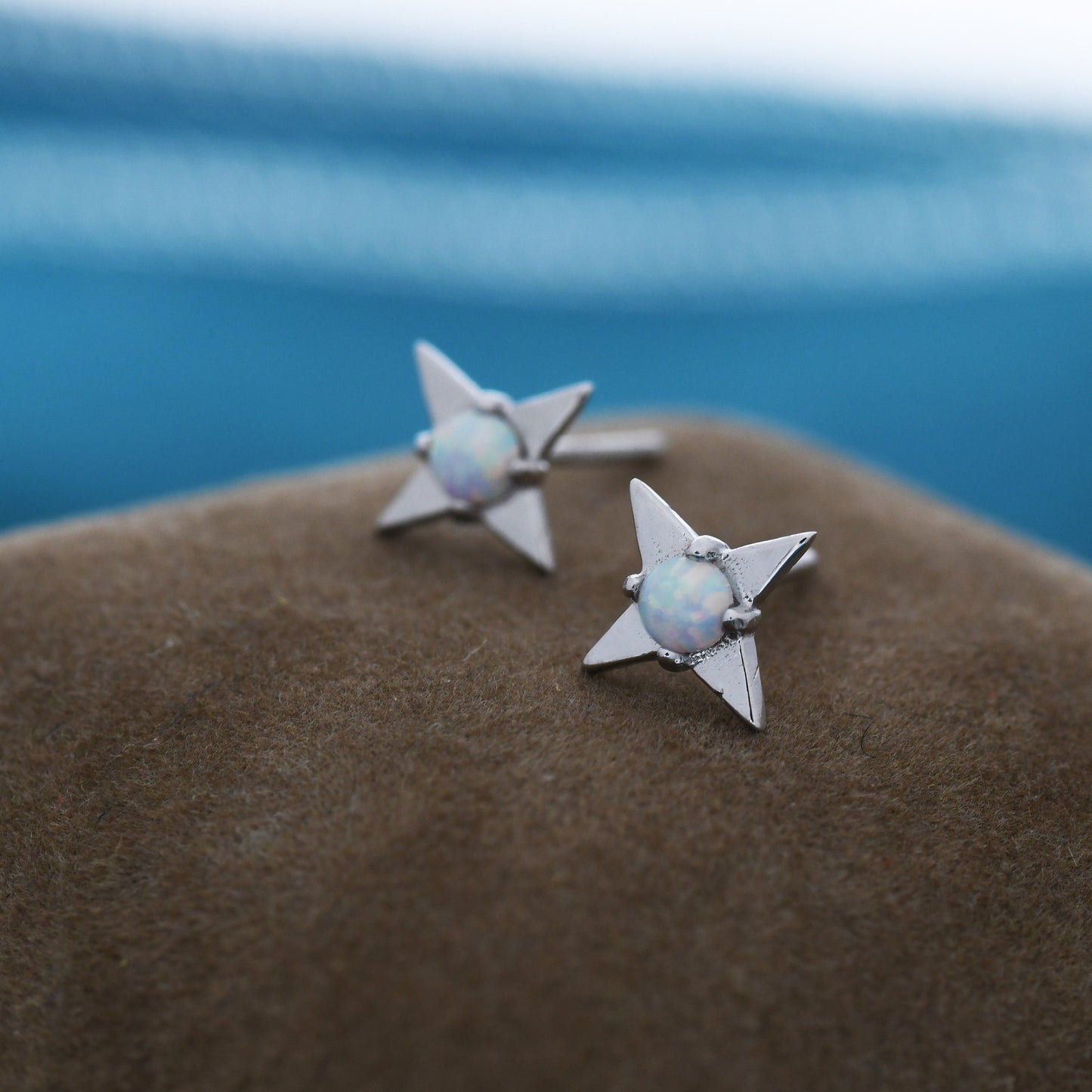 White Opal Star Stud Earrings in Sterling Silver, Silver or Gold, Four Point Star Opal Earrings, Stacking Earrings