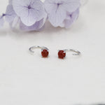 Genuine Red Carnelian Huggie Hoop Earrings in Sterling Silver, 3mm Natural Red Onyx Open Hoops, Pull Through Threaders, Half Hoops, C Shape