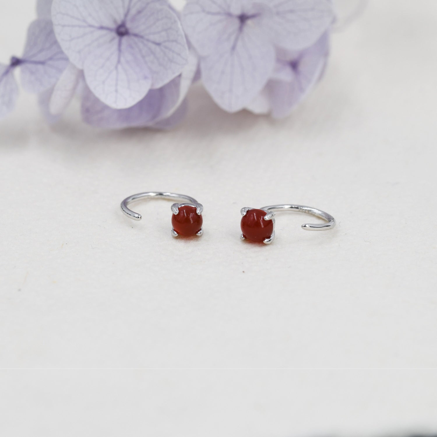 Genuine Red Carnelian Huggie Hoop Earrings in Sterling Silver, 3mm Natural Red Onyx Open Hoops, Pull Through Threaders, Half Hoops, C Shape