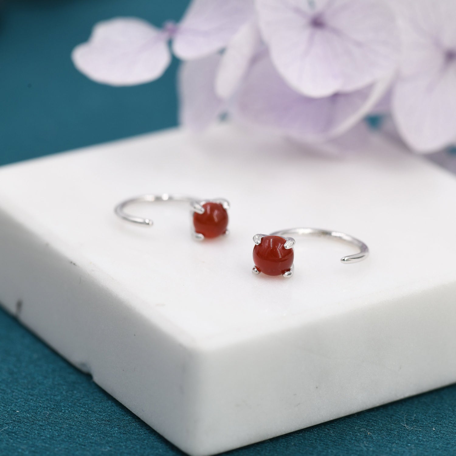 Genuine Red Carnelian Huggie Hoop Earrings in Sterling Silver, 3mm Natural Red Onyx Open Hoops, Pull Through Threaders, Half Hoops, C Shape