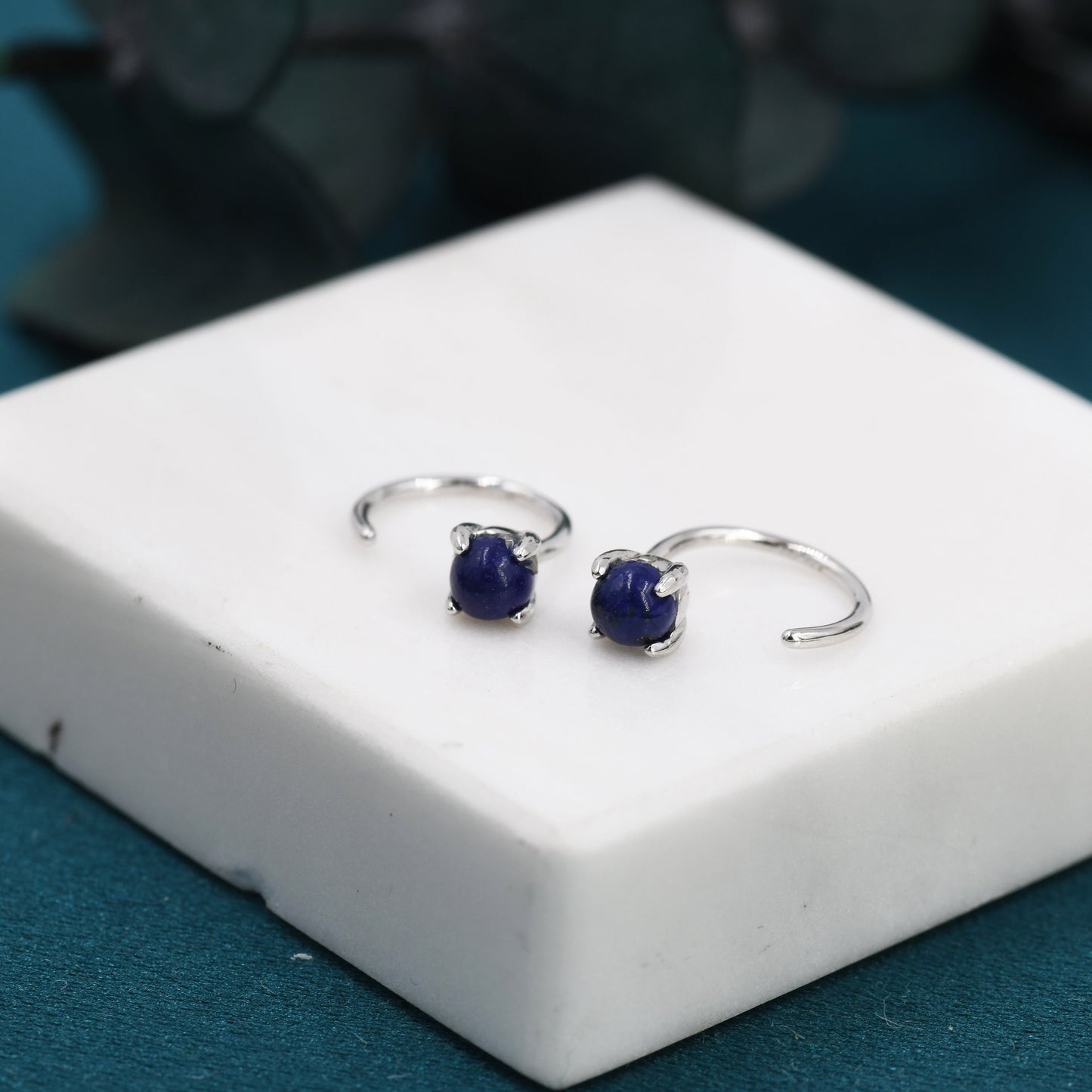 Genuine Lapis Lazuli Huggie Hoop Earrings in Sterling Silver, 3mm Natural Blue Lapis Open Hoops, Pull Through Threaders, Half Hoops, C Shape