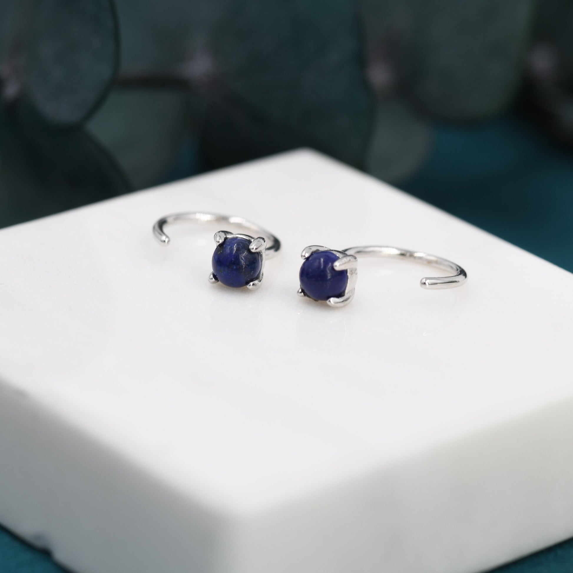 Genuine Lapis Lazuli Huggie Hoop Earrings in Sterling Silver, 4mm Natural Blue Lapis Open Hoops, Pull Through Threaders, Half Hoops, C Shape
